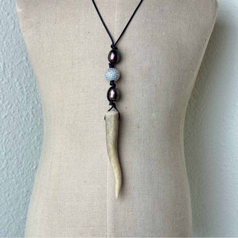 Antler pendant with brown pearls and pave CZ bead on leather cord